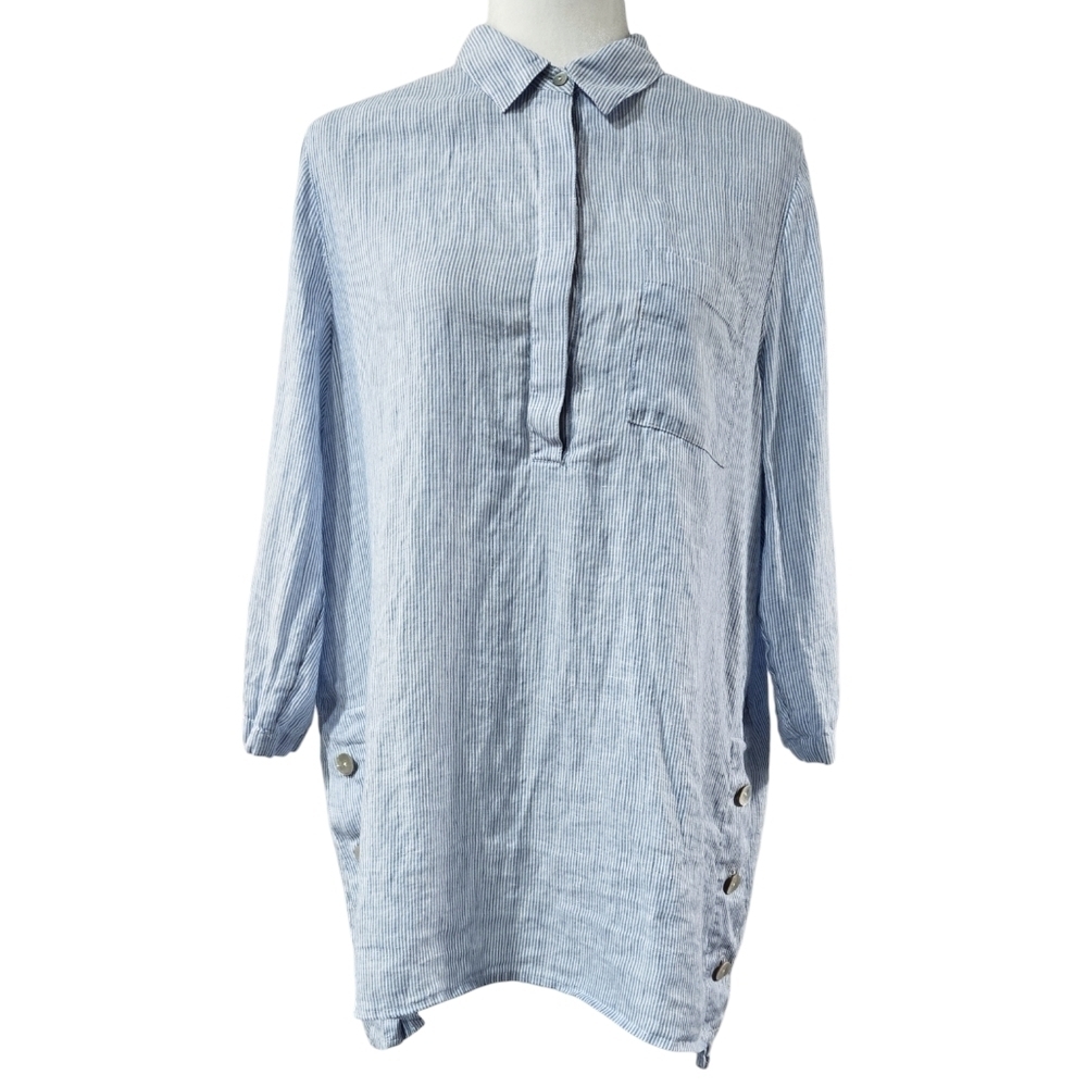 J. Jill Love Linen Blue White Stripe Henley Tunic Side Buttons Lagenlook Beachy